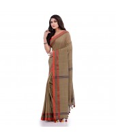 Women`s Traditional Bengali Tant Handloom Cotton Saree Loveria Design With Blouse Piece (Tan Colour)